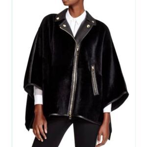 NEW NWT BURBERRY Black Shearling & Leather Hammington Moto Jacket Cape sz S $449